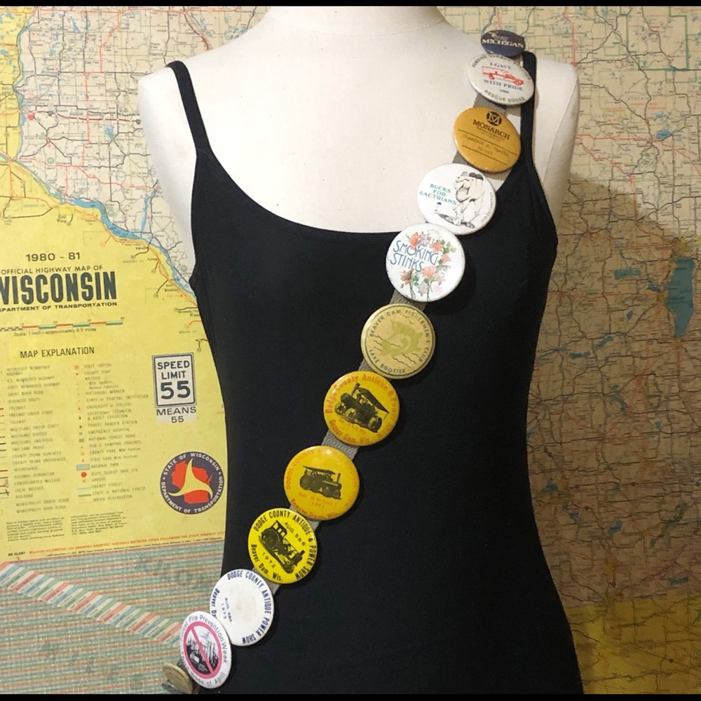 20 Vintage Pin Back Button Collection on canvas strap “j” train fishing etc. 70s